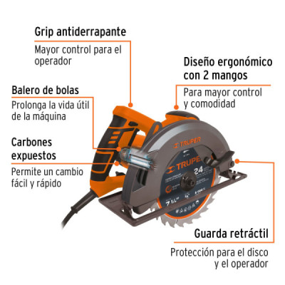 Sierra Circular Profesional 1500 W De 7.1/4" Con Accesorios Truper (SICI-7-1/4A3)