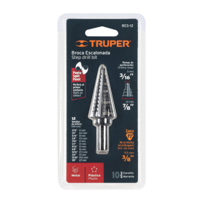 Broca Escalonada 3/16" A 7/8" De 12 Escalones Óxido Negro Truper (BES-12)