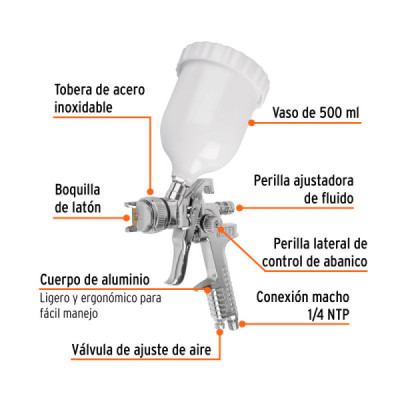 Pistola De Gravedad Hvlp 500 Ml, 1.4 Mm Con Vaso Plástico Truper (PIPI-440)