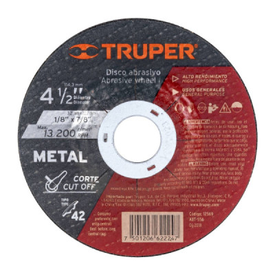 Disco Para Corte De Metal De 4.1/2", 3.2 Mm, 13.200 Rpm Truper (ABT-556)