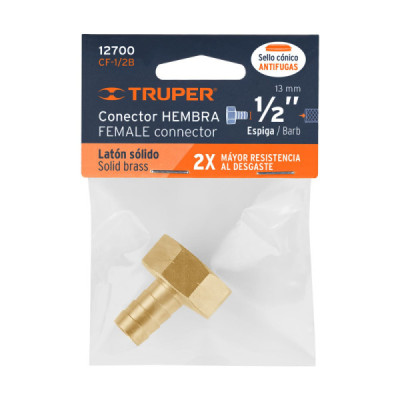 Acople Roscado De Latón Sólido De 3/4" Hembra, Espiga 1/2" Truper (CF-1/2B)