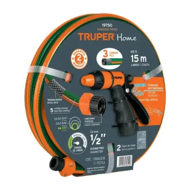 Set De Manguera Reforzada 15 M 3 Capas + Pistola De Riego Truper