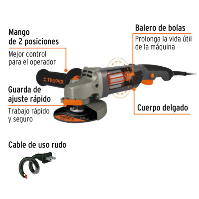 Pulidora Angular De 4.1/2" Industrial, 1.250 W, 11.000 Rpm Truper (ESMA-4512N)