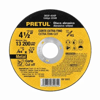 Disco Corte Extrafino Metal 4.1/2' Pretul 1 Mm 13.200 Rpm
