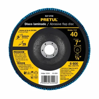Disco Laminado Flap De 7", Centro 7/8", Grano 80 Pretul