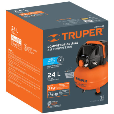 Compresor De Aire De 24 Litros, 2.2/3 Hp, No Requiere Aceite Truper (COMP-24S)