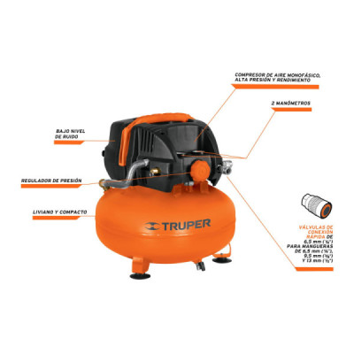 Compresor De Aire De 24 Litros, 2.2/3 Hp, No Requiere Aceite Truper (COMP-24S)