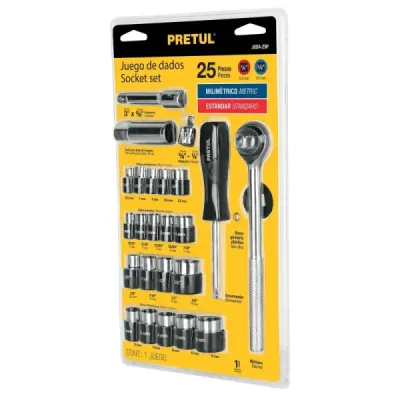 Juego De Copas Y Ratchet 25 Piezas, Cuadrante 1/4" Y 3/8" Pretul