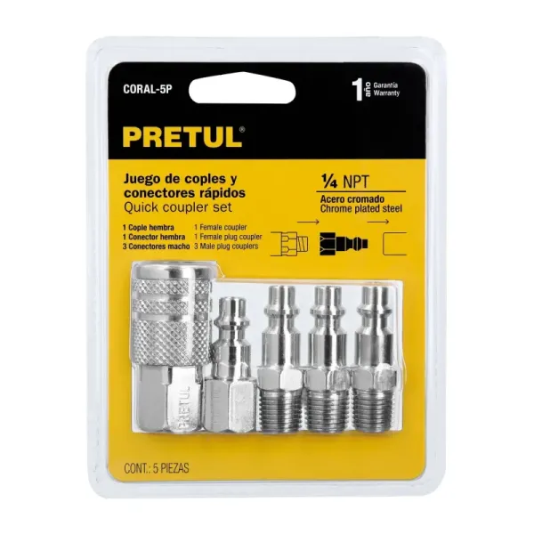 Juego De Acoples Rápidos Cromados Para Compresor, 5 Piezas Pretul (CORAL-5P - 27021)