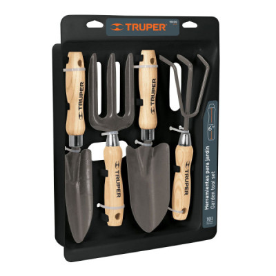 Set 4 Herramientas De Jardín Mango De Madera Y Organizador Truper (JJ-4)