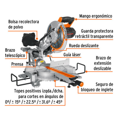 Sierra De Inglete Telescópica De 10", 1.900 W Y Guía Laser Truper (SINCO-10X2)