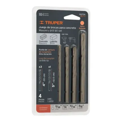 Juego 4 Brocas Pared 3/16' A 3/8' Truper Concreto Muro