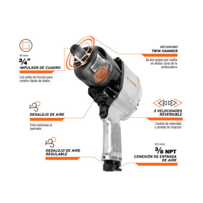 Pistola De Impacto Industrial De 3/4", Torque De 750 Lb/Ft Truper (TPN-776X-2)