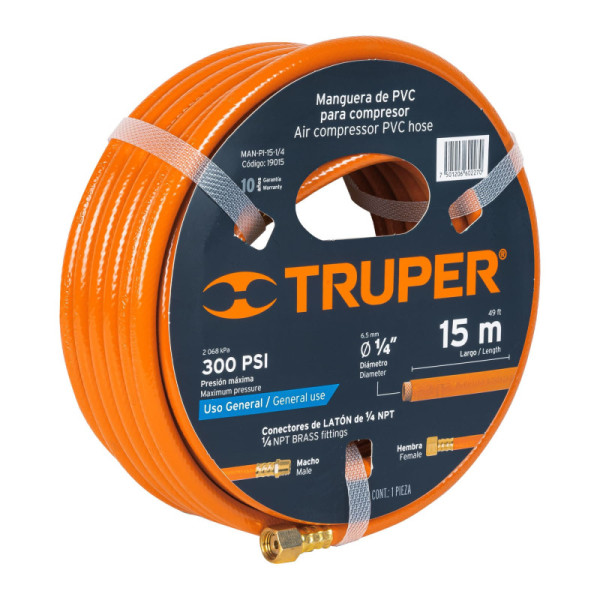 Manguera Para Compresor De Pvc 15 M, 1/4" Npt, 300 Psi Truper (MAN-PI-15-1/4)