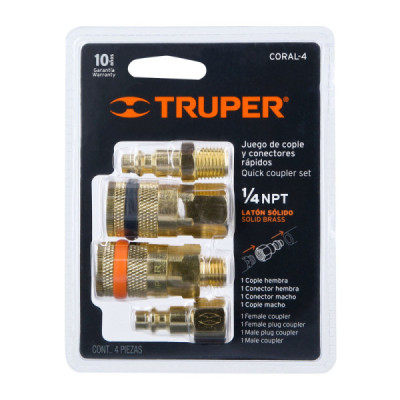 Set De 4 Conectores Y Acoples Rápidos Neumáticos De Latón Truper (CORAL-4)