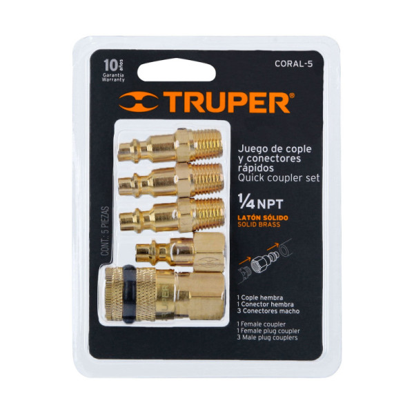 Juego De Acoples Rápidos En Latón Para Compresor, 5 Piezas Truper (CORAL-5)