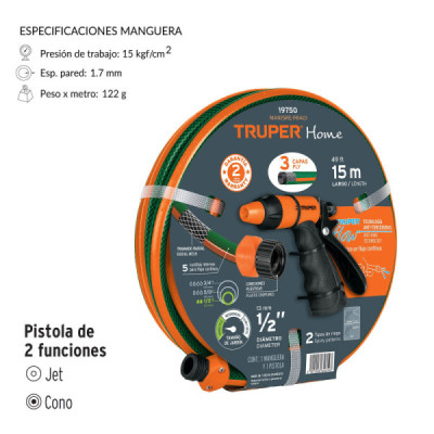 Set De Manguera Reforzada 15 M 3 Capas + Pistola De Riego Truper (MAN15RE-PR401)