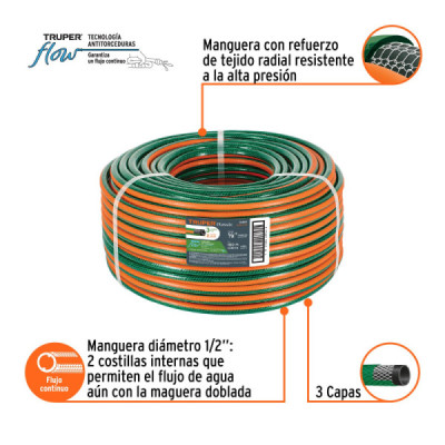 Manguera Reforzada Uso Residencial De 100 Metros, 3 Capas Truper (MAN-1/2R)