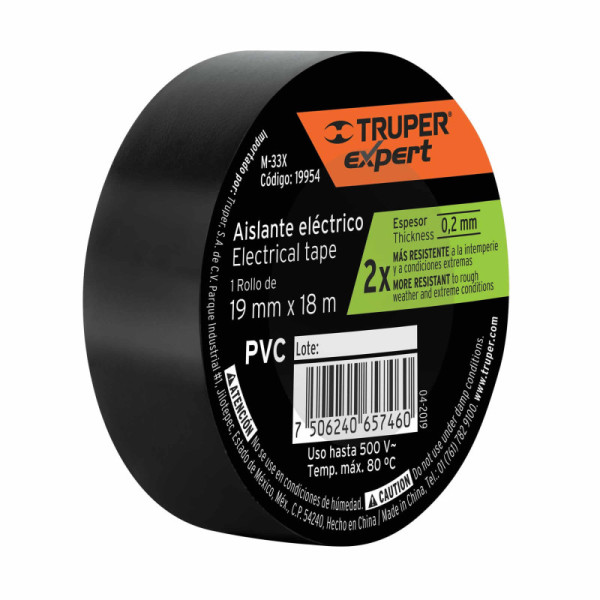 Cinta De Aislar Industrial De Pvc Negra De 18 M X 19 Mm Truper (M-33X)