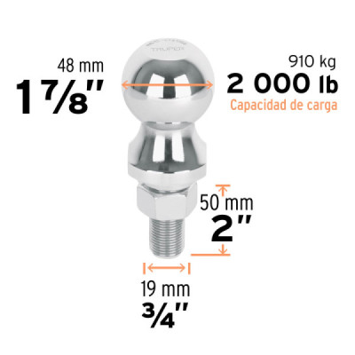 Bola De Arrastre Cromada Para Acoplador, 2.000 Libras Truper (BOLA-20)