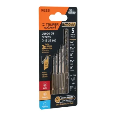 Juego 5 Brocas Acero Rápido Hss Truper Expert Cambio Rápido