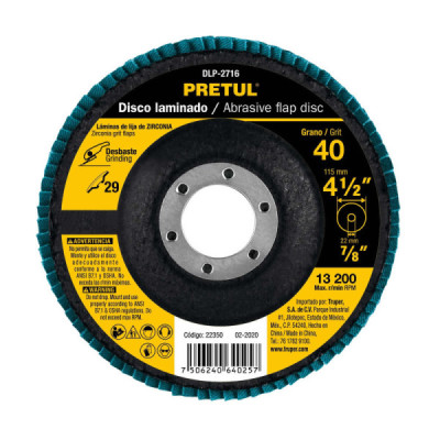 Disco Laminado Flap De 4.1/2", Centro 7/8", Grano 40 Pretul (DLP-2716) Disco Laminado Flap De 4.1/2", Centro 7/8", Grano 40 Pretul (DLP-2716)