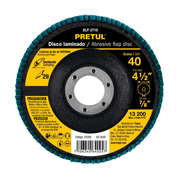 Disco Laminado Flap De 4.1/2", Centro 7/8", Grano 40 Pretul (DLP-2716)