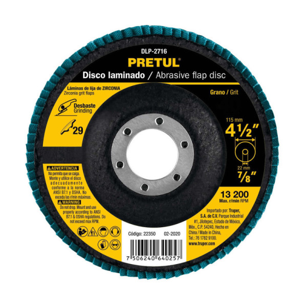 Disco Laminado Flap De 4.1/2", Centro 7/8", Grano 80 Pretul (DLP-2718)
