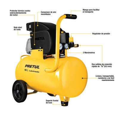 Compresor De Aire De 2.1/2 Hp, 20 Litros, 120 V Y 116 Psi Pretul (COMP-40LP)