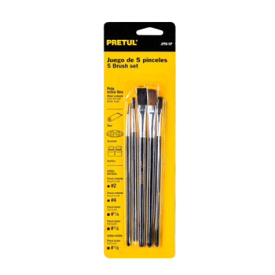 Juego De 5 Pinceles Extrafinos En Madera, Cerda 100% Natural Pretul (JPIN-5P)