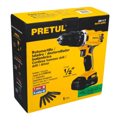 Taladro Percutor Inalámbrico De 1/2", Torque 33 Nm, 20 V Pretul (ROTI-20P2)