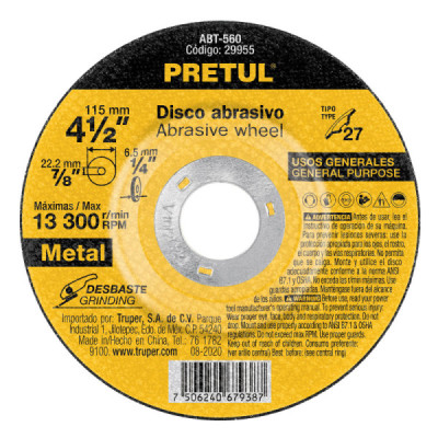 Disco Para Desbaste De Metal De 4.1/2", 6.2 Mm, 13.200 Rpm Pretul (ABT-560)