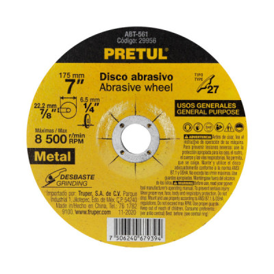 Disco Para Desbaste De Metal De 7", 6.2 Mm, 8.500 Rpm Pretul (ABT-561)