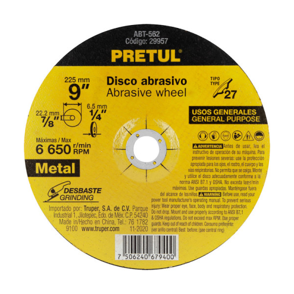 Disco Para Desbaste De Metal De 9", 6.2 Mm, 6.650 Rpm Pretul (ABT-562)