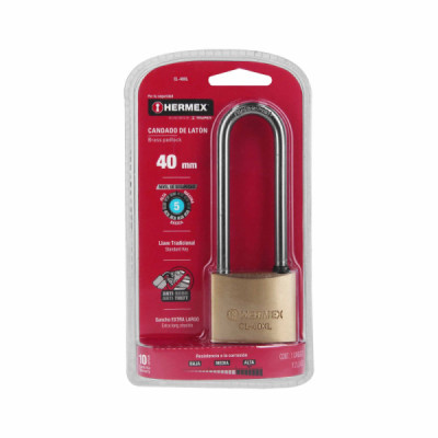 Candado De 40 Mm Tipo Italiano Con Gancho Largo Y 2 Llaves Hermex (CL-40XL)