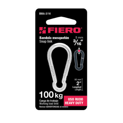 Mosquetón De 51 Mm Con Seguro De Gancho, Carga 100 Kg Fiero (BMA-3/16)