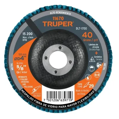 Disco Laminado Flap 4' Acero Truper Fibra Vidrio Grano 40