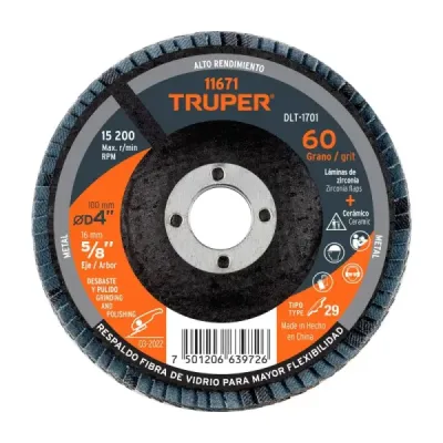 Disco Laminado Flap 4' Acero Truper Fibra Vidrio Grano 60