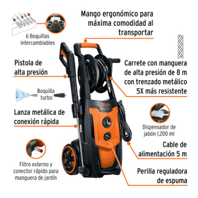 Hidrolavadora Eléctrica 2000 Psi 2100 W Truper 5 Boquillas (HILA-2000X)