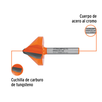 Fresa Corte En V Grabado 29x20mm Truper Madera Zanco 1/4'' (BROU-V1-1/8) Fresa Corte En V Grabado 29x20mm Truper Madera Zanco 1/4'' (BROU-V1-1/8)