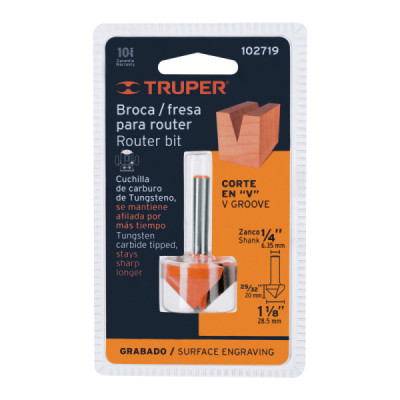 Fresa Corte En V Grabado 29x20mm Truper Madera Zanco 1/4'' (BROU-V1-1/8) Fresa Corte En V Grabado 29x20mm Truper Madera Zanco 1/4'' (BROU-V1-1/8)
