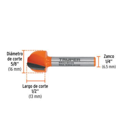 Fresa Media Caña Grabado 16x13mm Truper Madera Zanco 1/4'' (BROU-MC5/8)