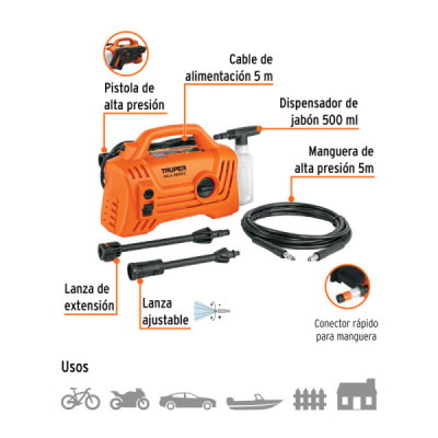 Hidrolavadora Eléctrica 1600psi 1400w Truper Diseño Compacto (HILA-1600C)