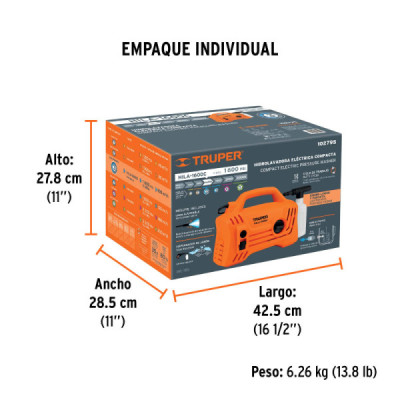Hidrolavadora Eléctrica 1600psi 1400w Truper Diseño Compacto (HILA-1600C)