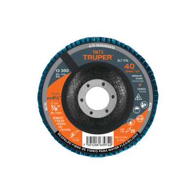 Disco Laminado Flap 4.1/2'' Truper Fibra Vidrio Grano 40 (DLT-1716)