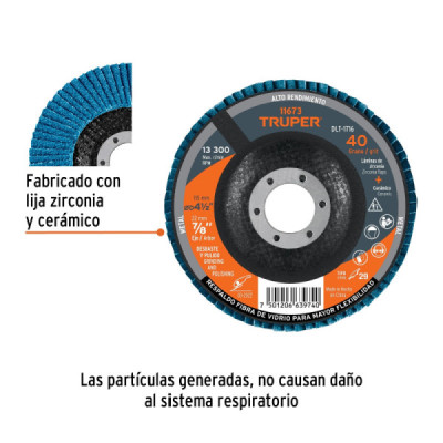 Disco Laminado Flap 4.1/2'' Truper Fibra Vidrio Grano 40 (DLT-1716)