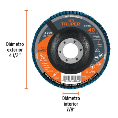 Disco Laminado Flap 4.1/2'' Truper Fibra Vidrio Grano 40 (DLT-1716)