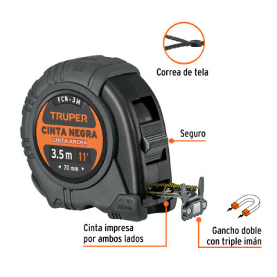Flexómetro Contra Impacto 3.5m Truper Cinta Negra 19mm Imán (FCN-3M)