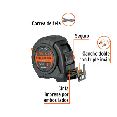 Flexómetro Contra Impacto 5.5m Truper Cinta Negra 25mm Imán (FCN-55M)