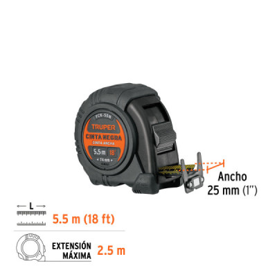 Flexómetro Contra Impacto 5.5m Truper Cinta Negra 25mm Imán (FCN-55M)